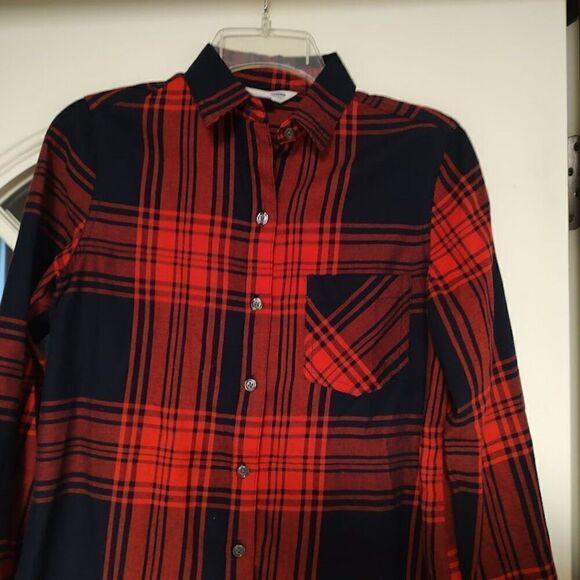 Old Navy Navy Blue Red Plaid Long Sleeve Button Down Shirt Women's XS - Picture 2 of 2